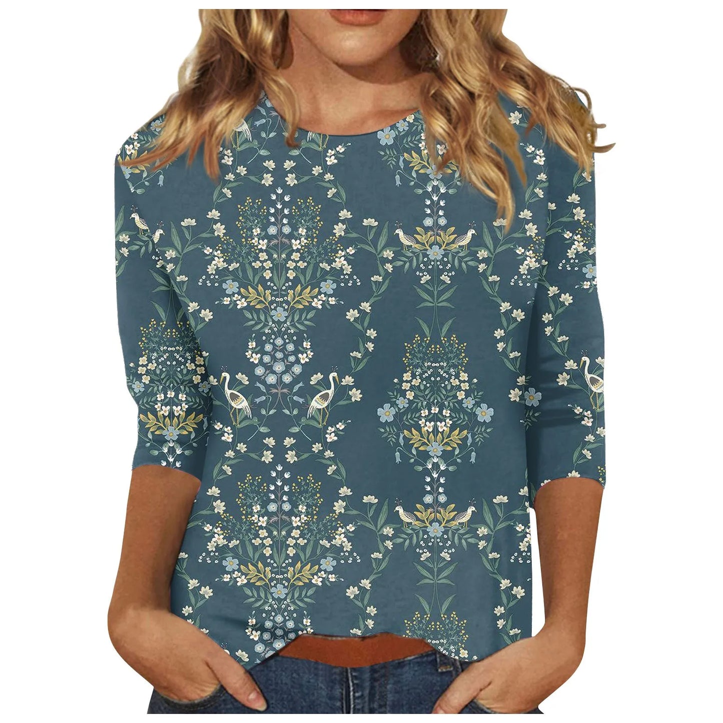 2024 Women Summer Tops Comfortable T Shirt Fashion Flower Print Round Neck 3/4 Sleeve Tops Soft Versatile Pullover Ropa De Mujer