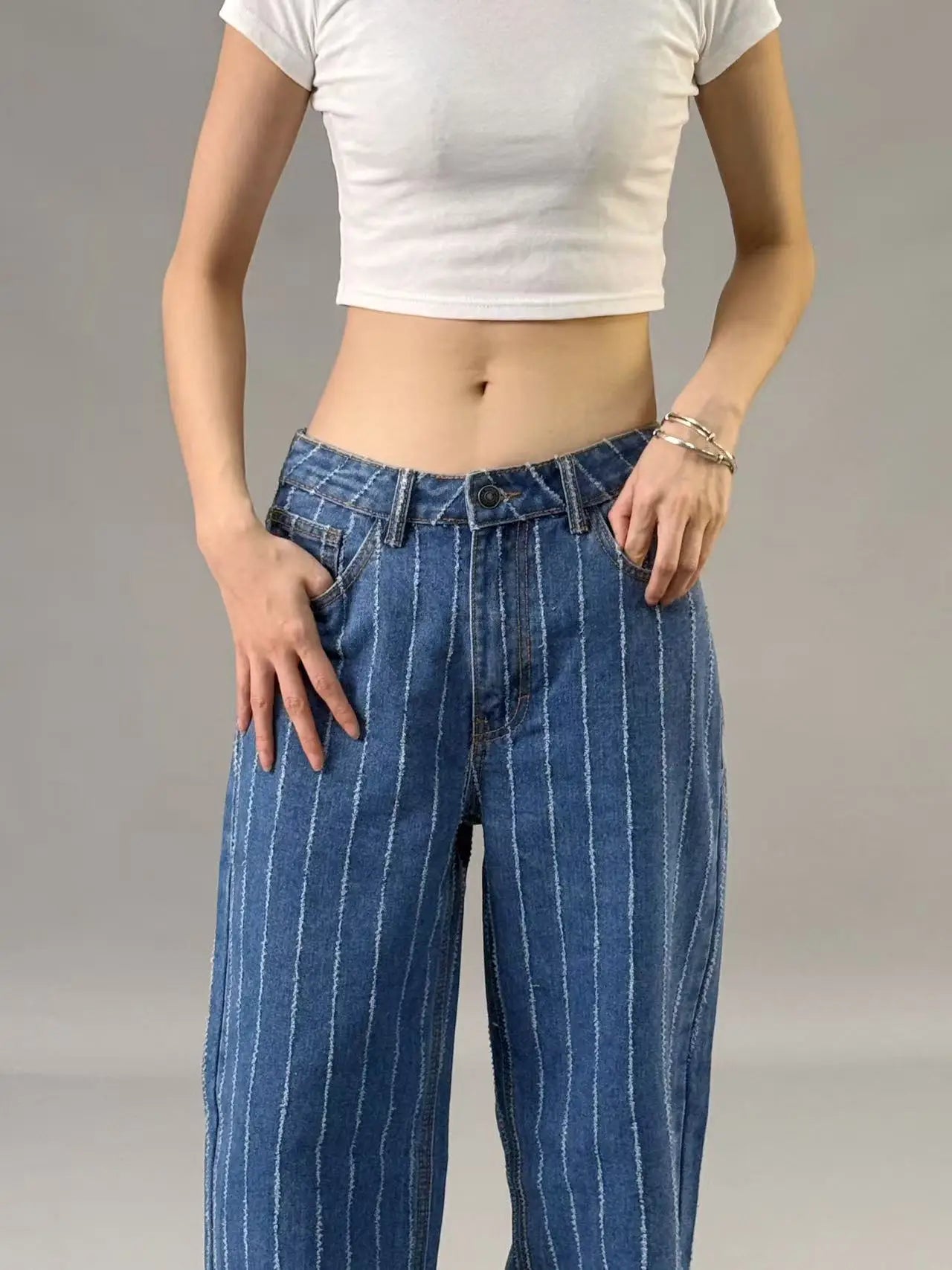 Worn-out jacquard jeans for women  Spring Summer 2025 new style  High waisted  wide leg  loose fit  slimming effect