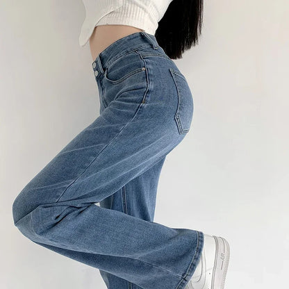 Women's Jeans Autumn High Waist Loose Straight Denim Pants Black Blue Fashion Korean Street Stretch Soft Comfortable Trousers