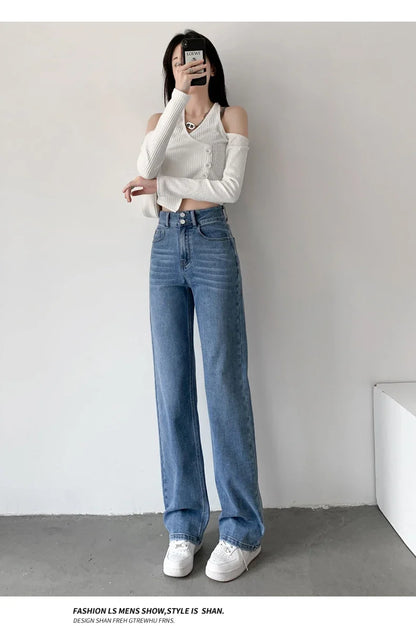 Women's Jeans Autumn High Waist Loose Straight Denim Pants Black Blue Fashion Korean Street Stretch Soft Comfortable Trousers