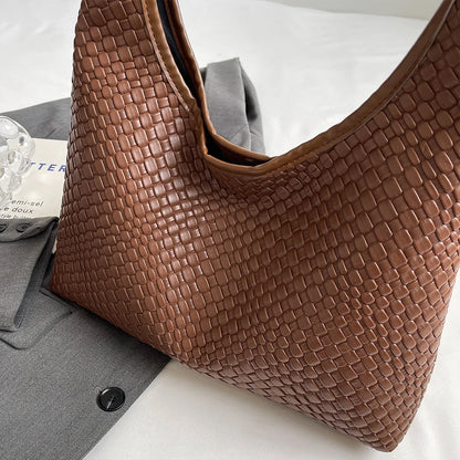 Women Large Shoulder Bag with Pouch Top Handle Bag Trendy PU Woven Tote Bag Leather Armpit Handbag Commuting Bag