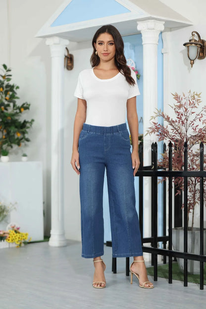 Women Seamed Front Wide Leg Jeans Elastic Waist Stretch Denim Flare Jeans High Waisted Jean Bell Bottom Cropped Pants pantalones