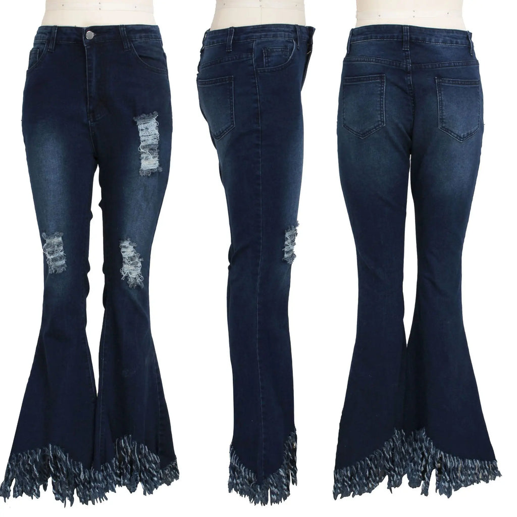 Jeans Women Long Pants Flare Pant Slim Fit Bodycon Y2k Streetwear Casual Elegant Splice Denim Trousers Solid Hole High Waist