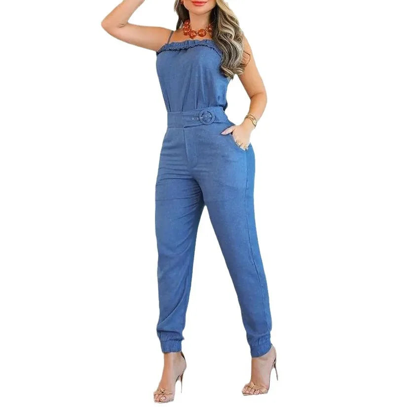 Tow Piceses Outfits for Women Summer Fashion Office Lady New Frill Hem Cami Top & Female Casual Pocket Design Pants Set