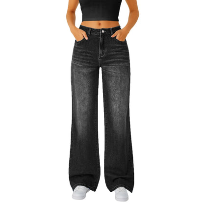 Jeans Women Straight Long Pants Casual Floor Length Mom Pant Blue High Waist Elegant Zipper Fly Pockets Slim Y2k Denim Trousers