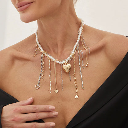 Necklaces for Women Heart-shaped Cross Imitation Pearl Tassel Long Necklace Colliers Femmes Girl Stuff