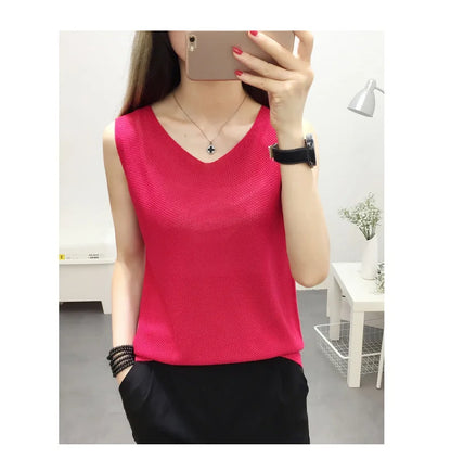 Top women Summer V Neck Hollow Knitted Vest Sleeveless Casual Tank Blusas Tops Sheer Mesh Patchwork T Shirt Bottom Camisole 2019