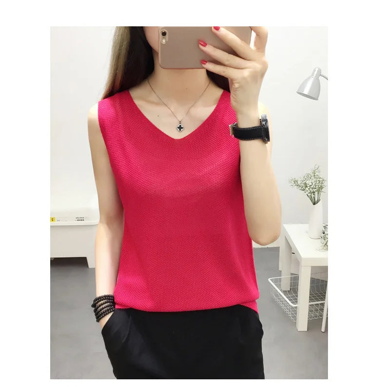Top women Summer V Neck Hollow Knitted Vest Sleeveless Casual Tank Blusas Tops Sheer Mesh Patchwork T Shirt Bottom Camisole 2019