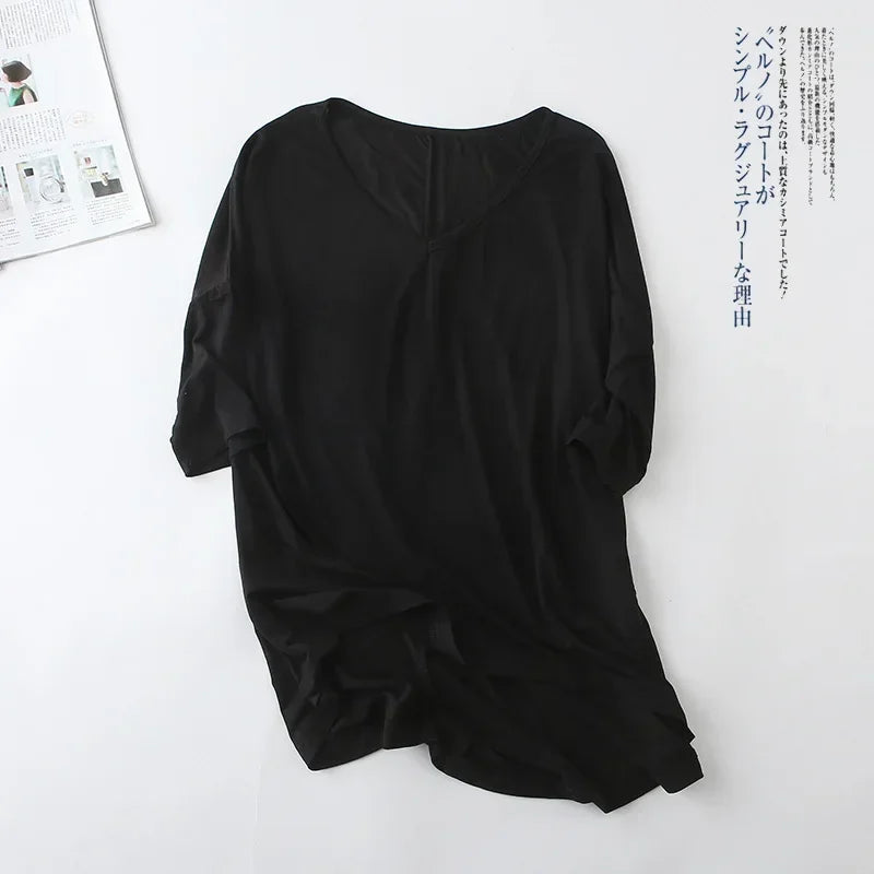 Fashion Tops Tees 2025 Summer T-shirt Women Half-Sleeve Solid Loose Shirt V-neck Oversize Basic Top Shirts for Women Casual