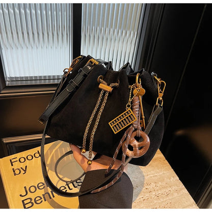 Women Vintage One Shoulder Bag Frosted Solid Drawstring Soft All-Match Bucket Bags High-Grade Versatile Commute Crossbody Packs