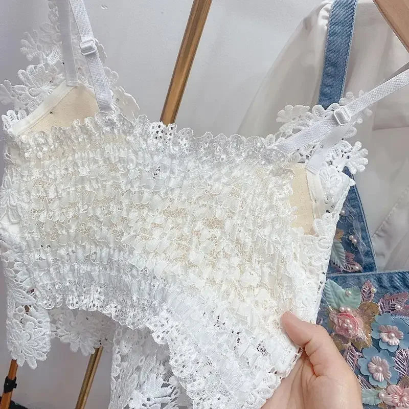 Women Clothing Heavy Beading Floral Tank Sexy Crop Tops Ropa Mujer Lace Butterfly Top Navel Baring Sexy Cropped Top Summer Camis