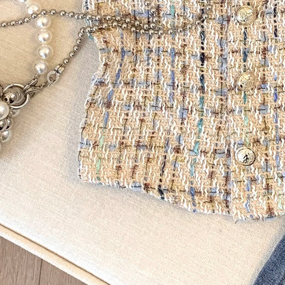 Women Summer Tweed Chain Chic Tank Tops Buttons Off Shoulder with Bra Pad Crop Tops Pleated Sexy Backless Sleeveless Sweet Camis