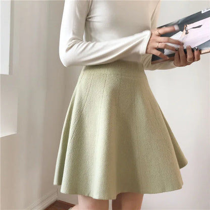 Knitted Mini Skirts Women High Waist Pleated Skirt Autumn Winter Streetwear Solid All Match A Line Skirts