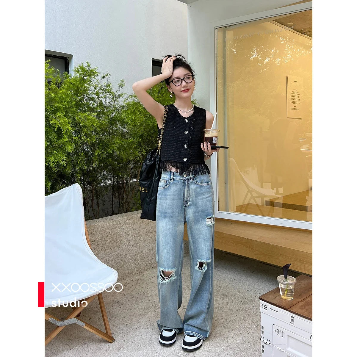 Women Denim Long Jeans with Drill Chains Straight Wide-leg Jeans High Waist Ripped Jeans for Women Summer Thin Side Slit Pants