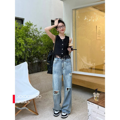 Women Denim Long Jeans with Drill Chains Straight Wide-leg Jeans High Waist Ripped Jeans for Women Summer Thin Side Slit Pants