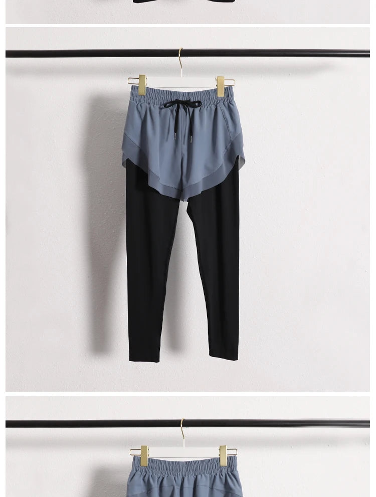 Stretch Autumn Sports Pants Women Two Pieces Fitness Yoga Pants and Shorts With Inner Phone Pocket 2 in 1 Yoga Pants