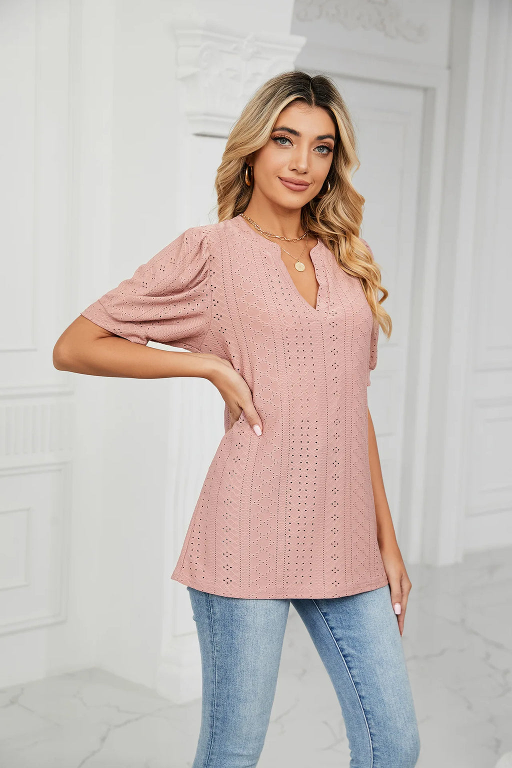 Womens Tops V Neck Ruffle Sleeve Blouses Short Sleeve Casual Tops T-Shirts for Women Autumn Winter