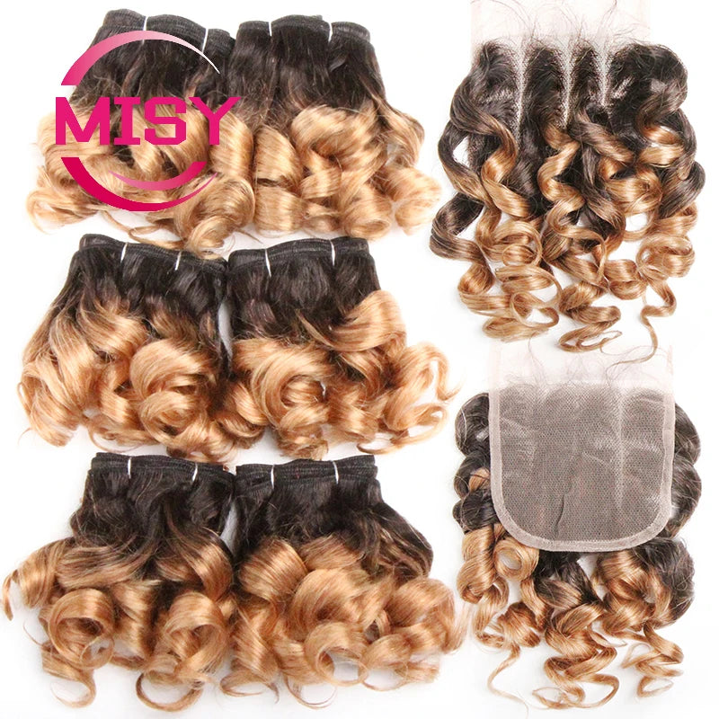 Curly Hair Bundles Brazilian Human Hair Weave 6 Bundles With Lace Closure Colored 1B/27/30/33/99J Short Hair Extension For Women