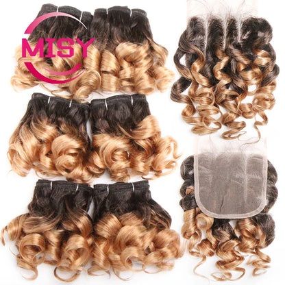 Curly Hair Bundles Brazilian Human Hair Weave 6 Bundles With Lace Closure Colored 1B/27/30/33/99J Short Hair Extension For Women