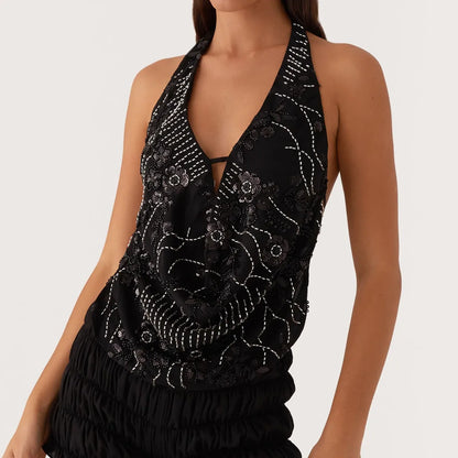 hirigin Sexy Glitter Sequin Tank Tops Women Y2K Fashion Deep V-neck Hollow Out Cropped Tops Tee Summer New Backless Beach Tops