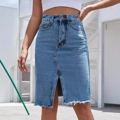 Fashion Midi Cotton Denim Skirt Women 2024 Casual Slim High Waist Asymmetrical Blue Jean Skirts Y2k Faldas Elegant
