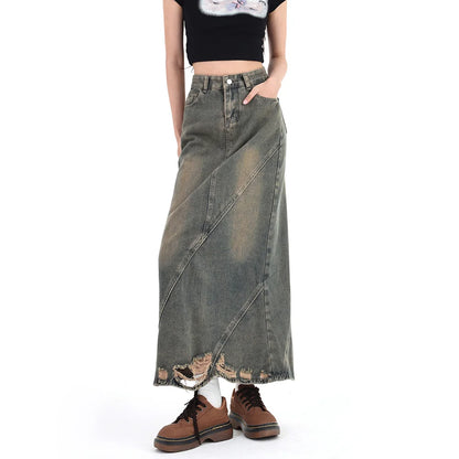 Women Denim Skirt Y2k Emo 2000s Clothes Long Skirt Harajuku Korean 90s Fashion Vintage Gradient A-line Jean Skirt Grunge Clothes