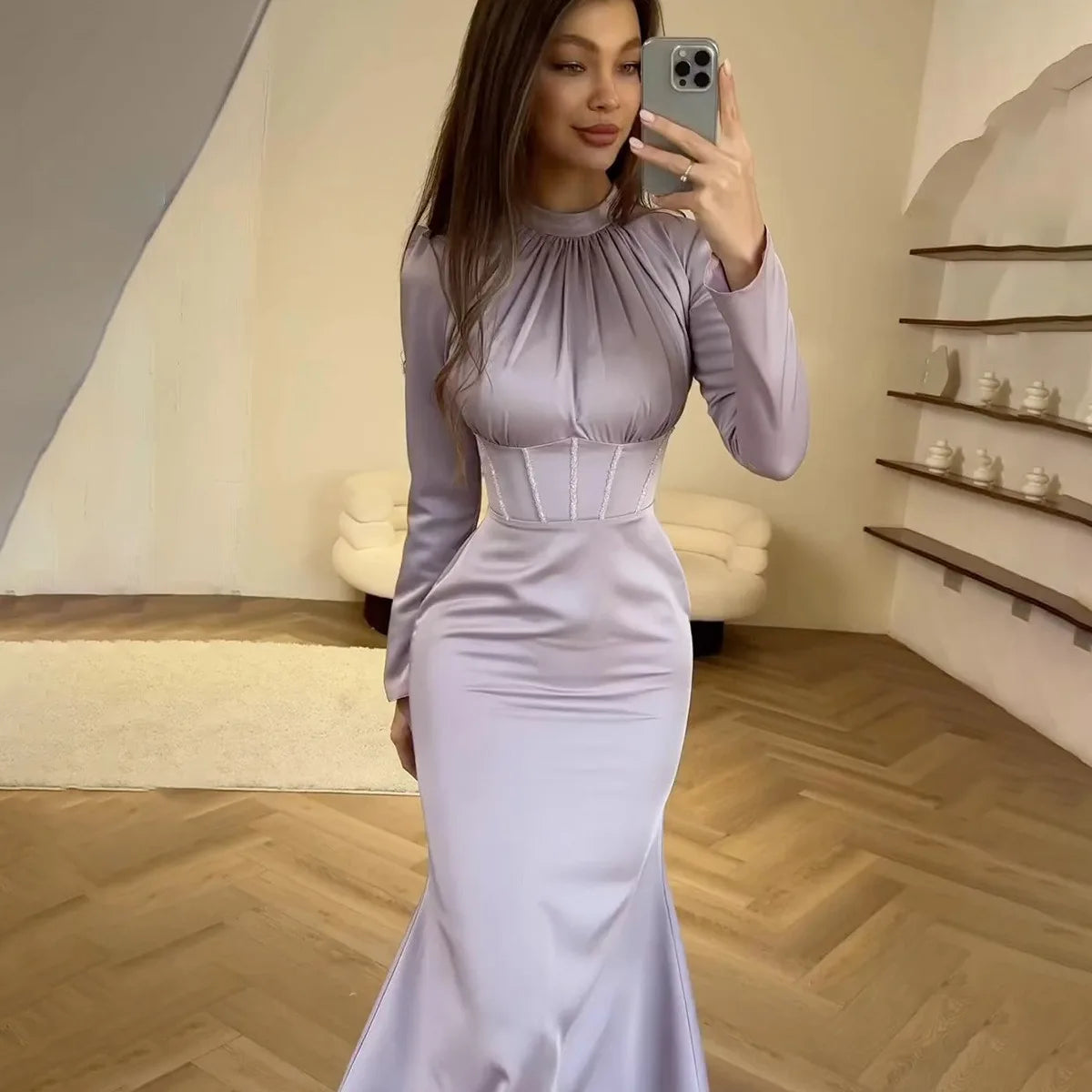 Women Muslim Dresses Slim Party Evening Dress Long Sleeve Pleated Lace-up Irregular Robe Maxi Dress Dubai Abaya Elegant Vestidos