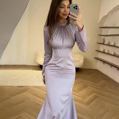 Women Muslim Dresses Slim Party Evening Dress Long Sleeve Pleated Lace-up Irregular Robe Maxi Dress Dubai Abaya Elegant Vestidos