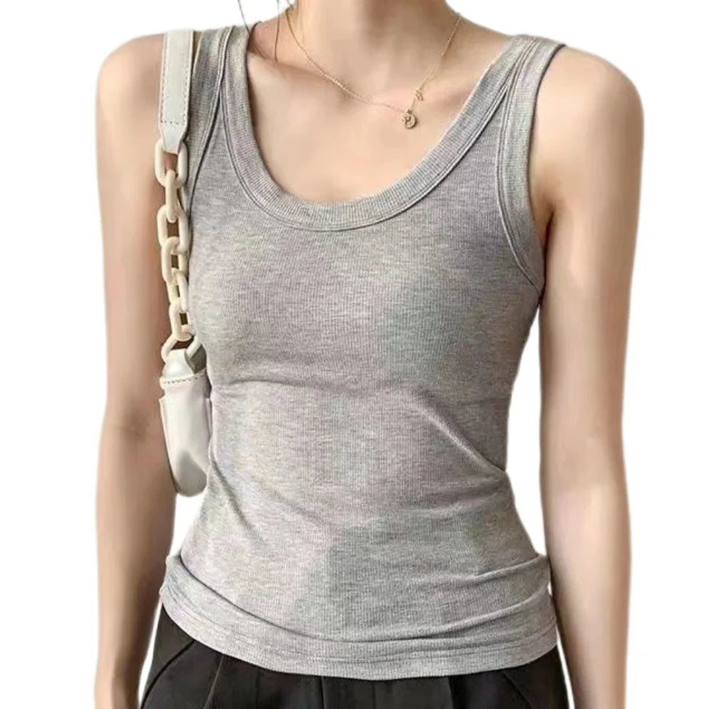 Women Square Collar Wide Straps Fitness Sexy Knitted Tank Top Camisole Solid Color Breathable Cool Vest Summer Trend Tops Female