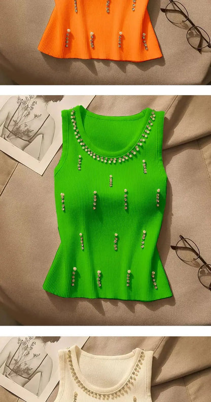 2025 New Women Vest Top Design Heavy Beads Diamonds Slim Vest Coat New Ice Silk Knitted Camisole Undershirt Women's Tops Summer