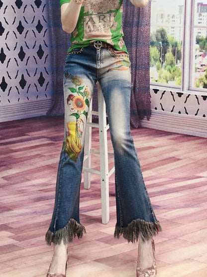 Beaded jeans for women with Rivet and diamond-encrusted casual street fashion cotton slim Flare Pants