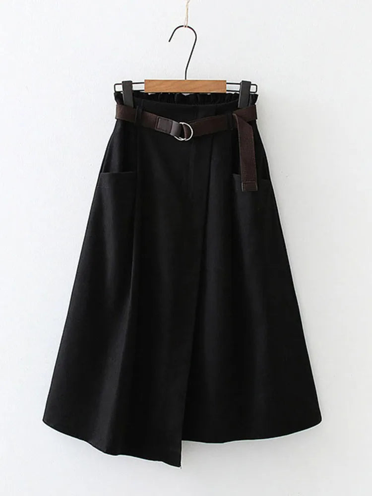 Women Casual Skirts Spring And Autumn Solid High Waist Irregular Pockets Midi Skirts Fashion Simple Elegant Saia Faldas