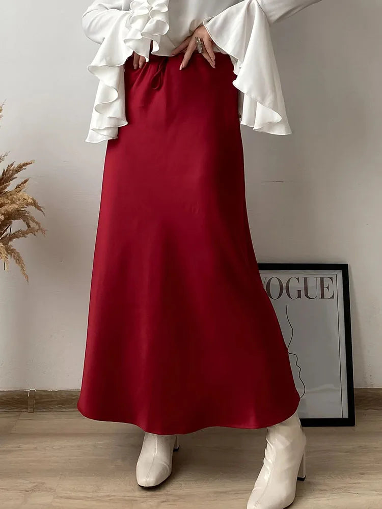 Long Black Satin Skirts Women For Work Summer Autumn Straight Brown Skirt Long Belt Coffee Formal Silk Maxi Skirt For Ladies