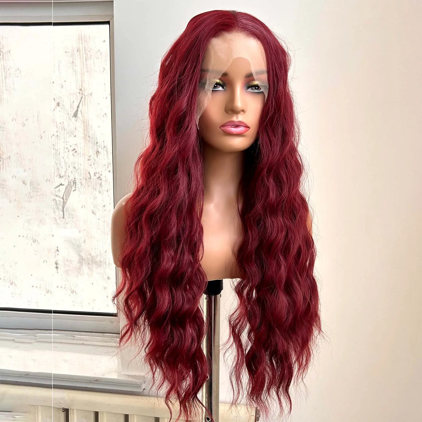 Burgundy Long Curly Wavy Red Wig Synthetic Middle Part Loose Deep Natural Wave 13X4 Wine Red Wigs for Women Daily Party Cosplay