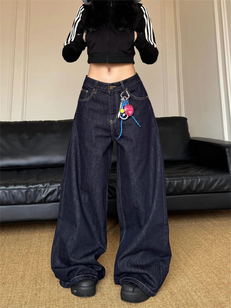 Women's Vintage Deep Blue Loose Wide Leg Jeans Street Cool Girl High Waist Baggy Pants Female Casual Straight Denim Trousers