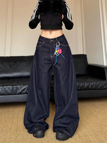 Women's Vintage Deep Blue Loose Wide Leg Jeans Street Cool Girl High Waist Baggy Pants Female Casual Straight Denim Trousers