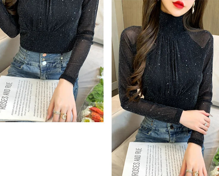 Tops Woman Autumn Winter Red Long Sleeve T Shirt for Women Rhinestone Turtleneck Glitter Sequin Cheap Clothes Elegant Clearance