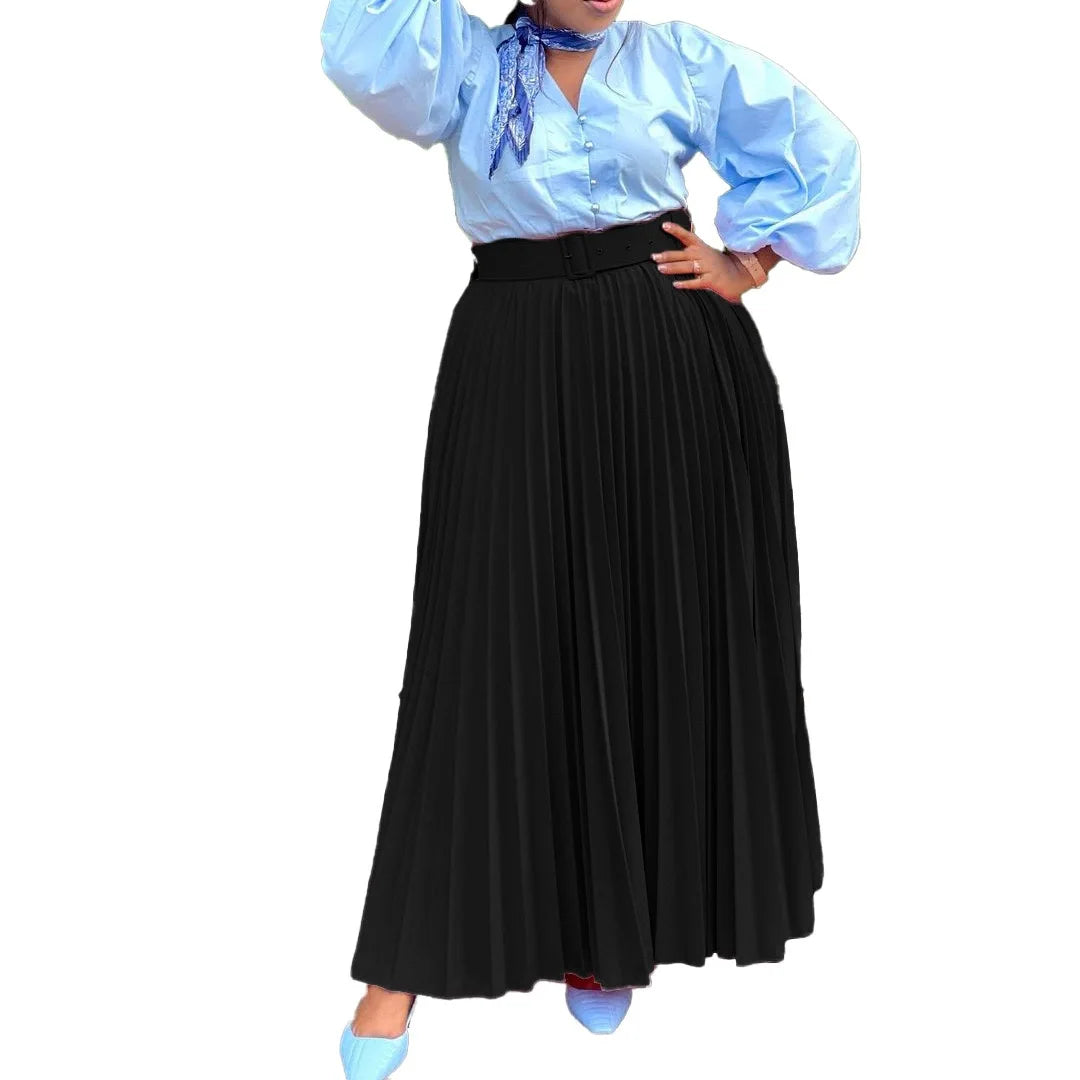 Elegant Pleated Skirts for Woman 2024 New High Waisted Belt Waisted Ankle Length Autumn Winter Wear Bottoms Skirts Clothes Hot