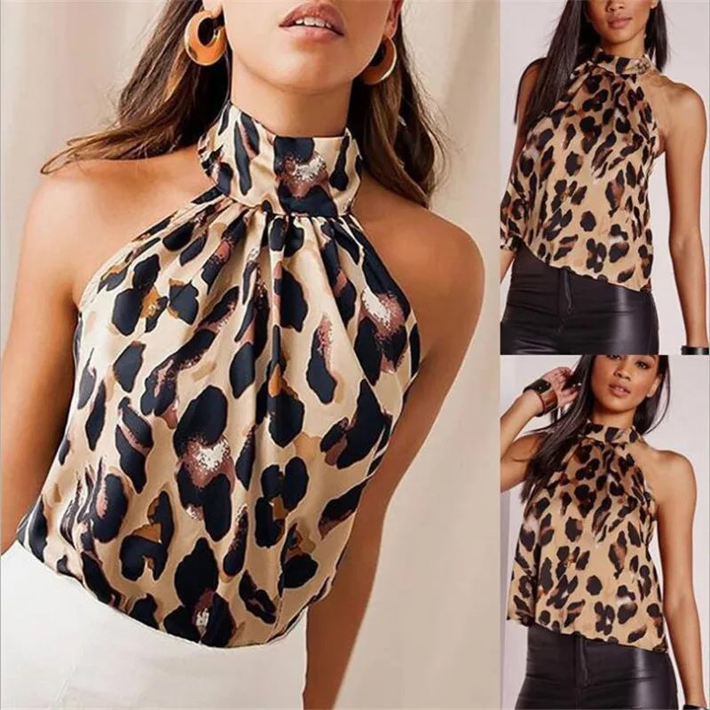 Women's Tops Sexy Leopard Print Summer Blouses And Tops Halter Neck Fashion Shirts Sleeveless T-Shirts Female Clothing