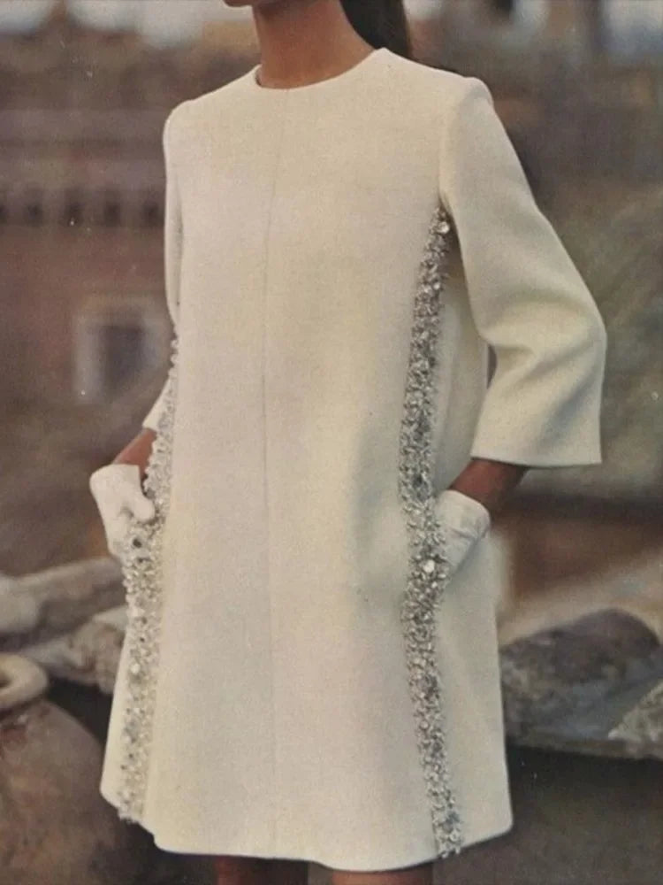 Womens Dresses Evening Dresses Fashion Casual Long Sleeves Loose Sequined Solid Color Elegant Round-neck Mini Dresses