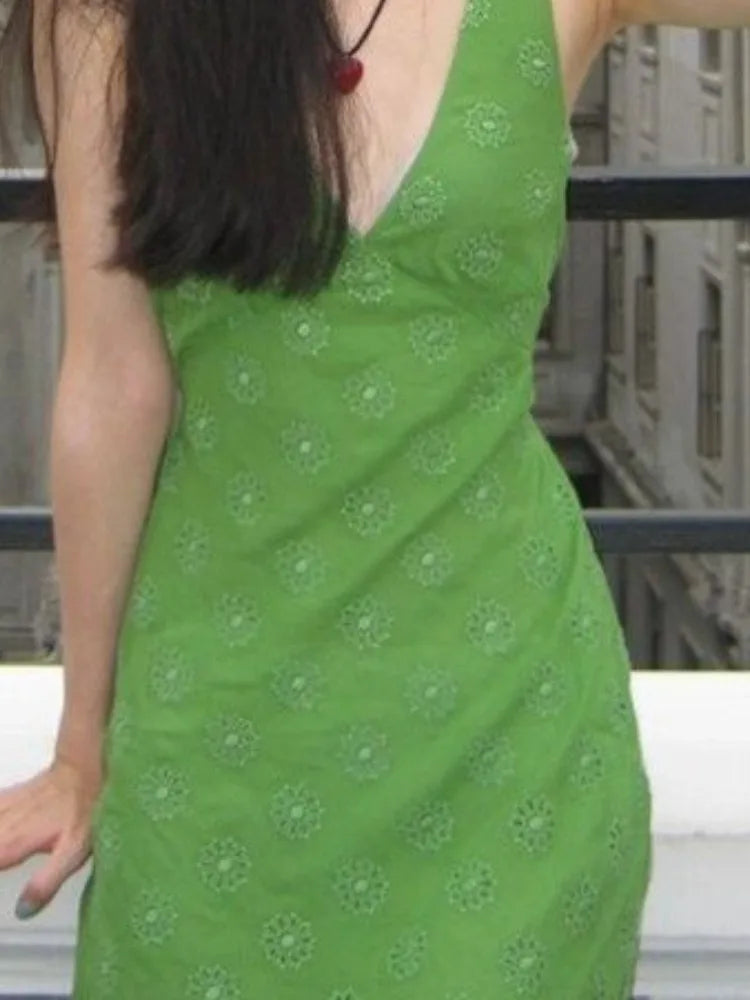 Elegant Green Print Dresses for Women V-neck Sleeveless Vintage Robe Femme 2025 Vestidos De Mujer Slim Waist Sexy Summer Dress