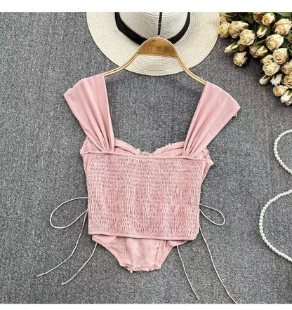 Women Corset Top Y2K Clothes Lolita Ruffles Flower Lace Tank Top Summer French Tube Tops Cute Clothes Pink Crop Tops