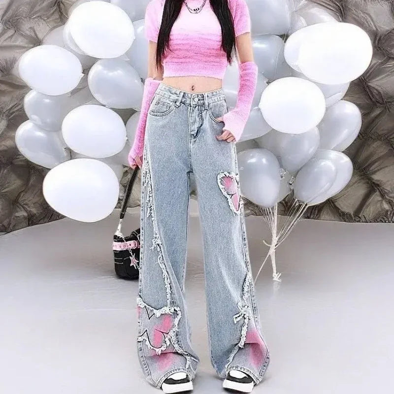 Denim Pants for Women Butterfly Gyaru Womens Jeans Embroidered 90s Loosefit 2025 Fashion Trousers Pant Cool Stretched Wide Leg Z
