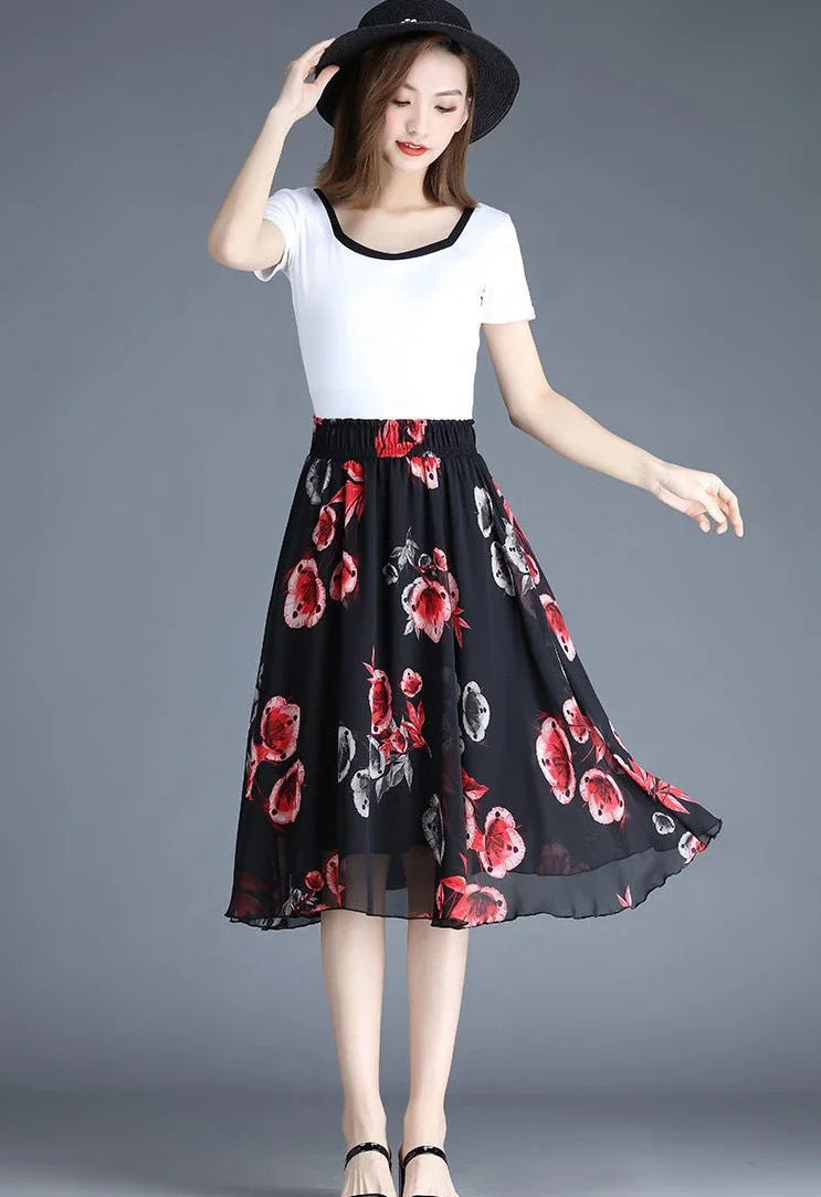 Skirts for Women Chiffon Woman Skirt Floral Midi Summer Casual New In Clothing Sales Modest Luxury Elegant High Quality V Cheap
