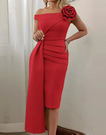 Women's Dress 2025 Fashion Spring Summer Rose Detail Asymmetrical Hem Party Dress Simple Commuting Casual Retro Elegant Dress