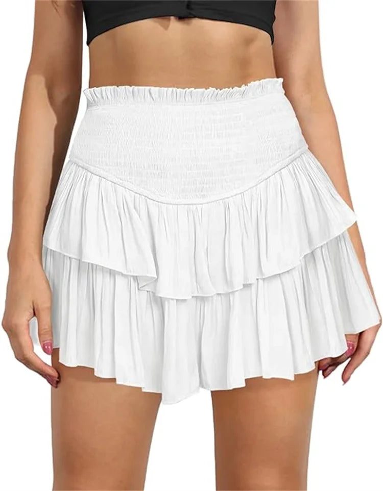 Women's High Waist Ruffle Pleated Mini Skirts Solid Lined Layered Flared Flowy Casual Swing Summer Boho Beach Mini Short Skirt
