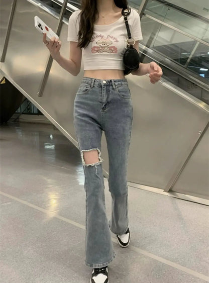 Denim Pants for Women Blue Womens Ripped Jeans Slim Fit Straight Leg Bell Bottom Trousers Original Emo Wholesale Stylish Wide A
