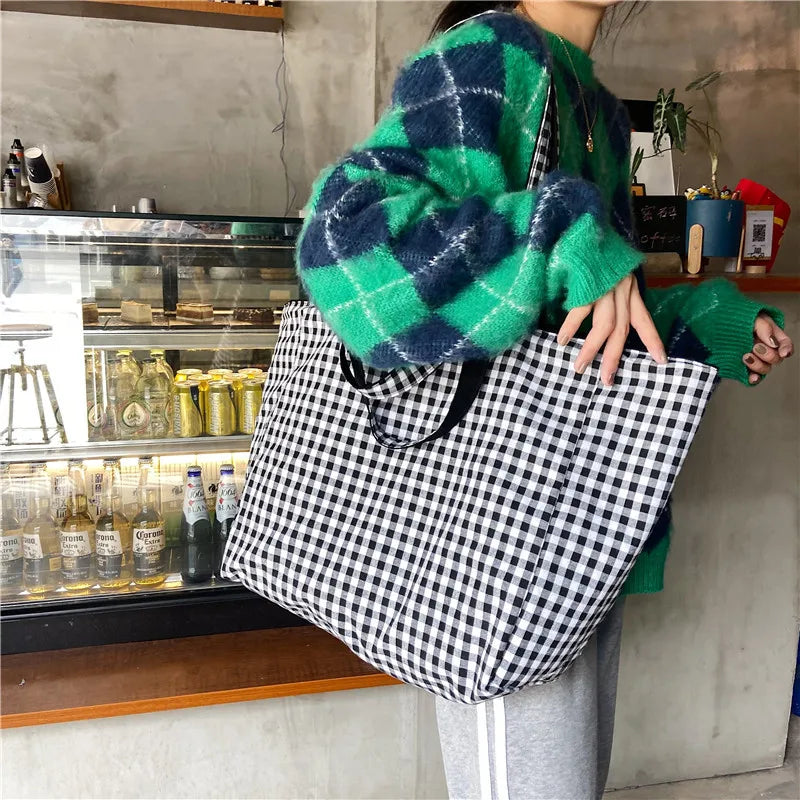 Women Canvas Shoulder Bags Plaid Double-side Large Capacity Handbags Female Shopping Portable Lazy All-match Foldable Tote Bag