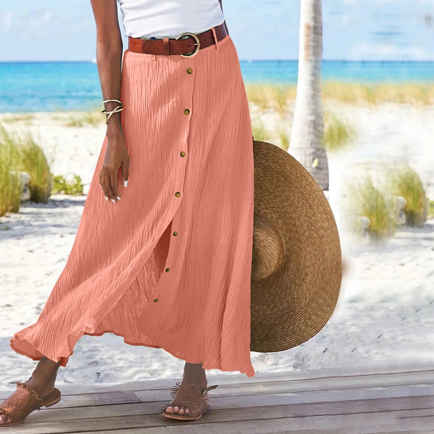 Midi Skirts For Women Bohemian Style Daily And Versatile Half Skirt Fashion Plain Color Basics High Waist Beach Button Dress