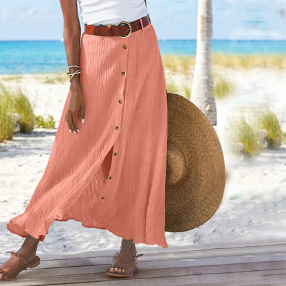 Midi Skirts For Women Bohemian Style Daily And Versatile Half Skirt Fashion Plain Color Basics High Waist Beach Button Dress